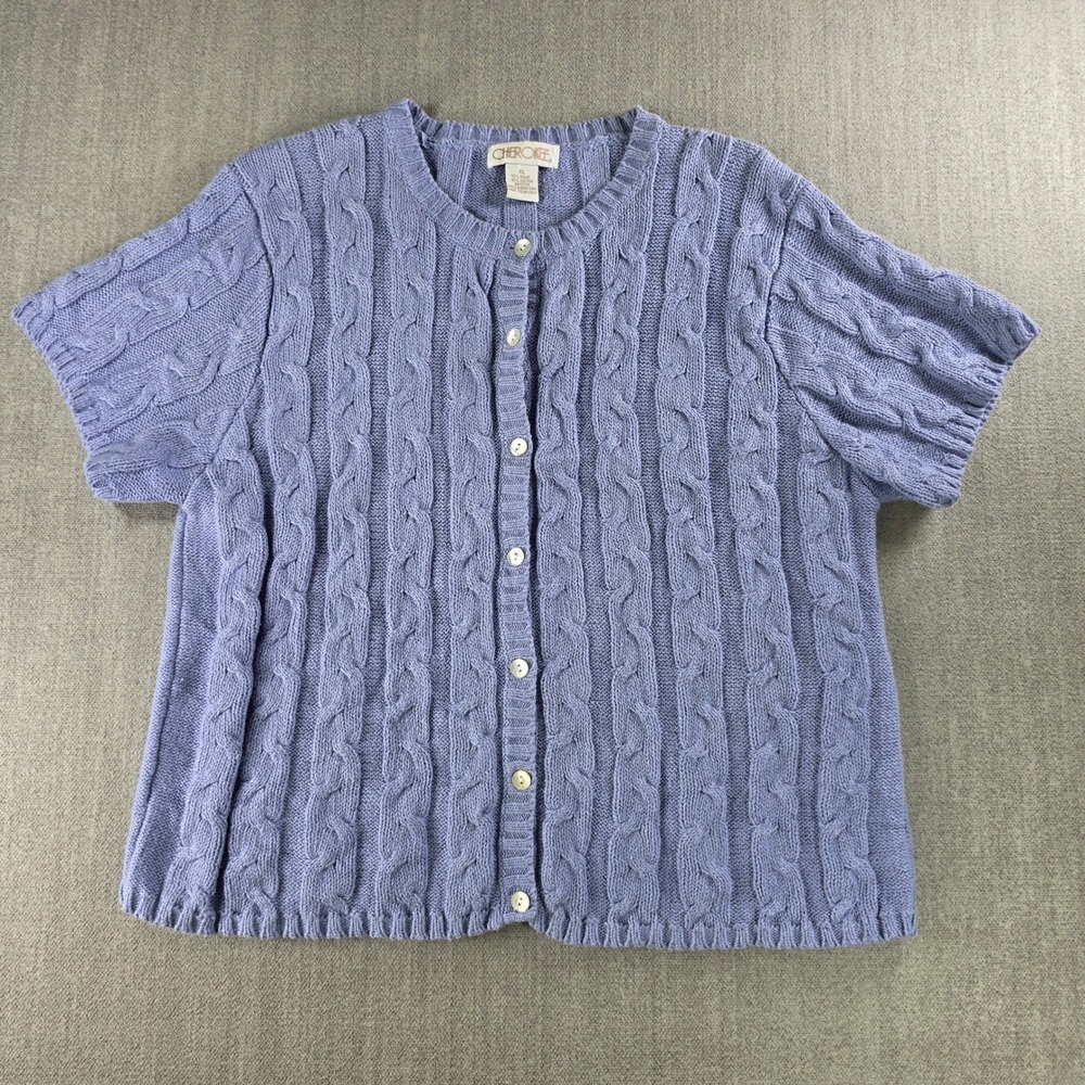 Cherokee Cardigan Women XL Purple Short Sleeve Cable Knit Ramie Cotton Sweater